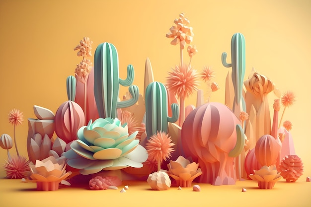 Una collezione di cactus e cactus in un deserto.