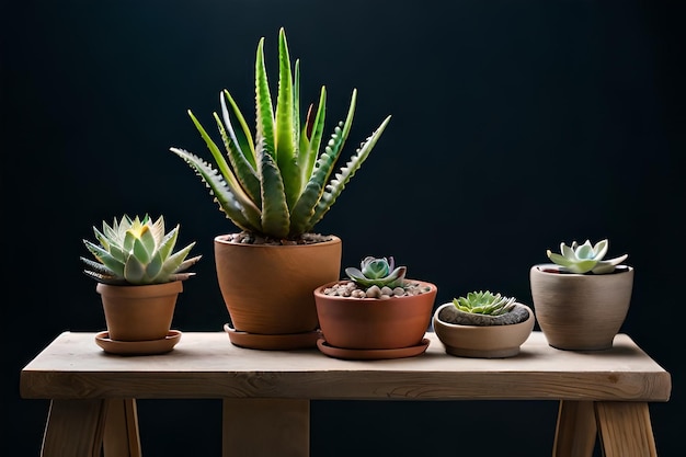 una collezione di cactus e vasi di cactus su un tavolo di legno.