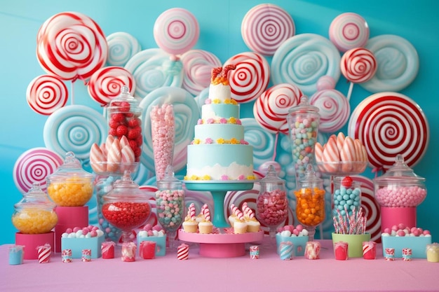 una collezione di caramelle colorate e caramelle tra cui una torta e una barretta.
