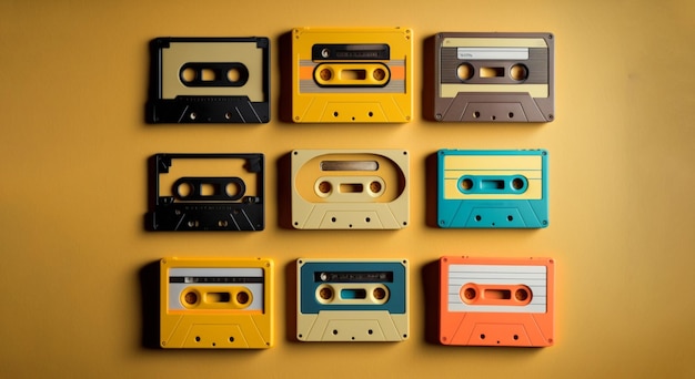 Una collezione di cassette è allineata su uno sfondo giallo.