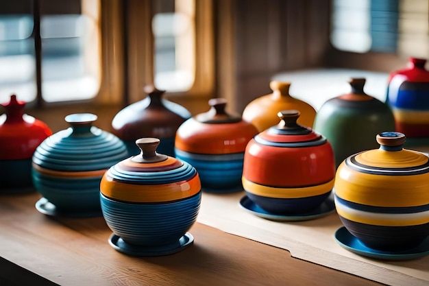 Una collezione di ceramiche colorate su un tavolo.