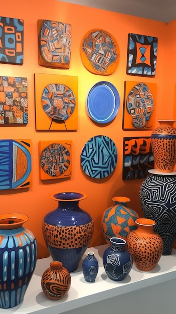 Una collezione di ceramiche è esposta su una parete.