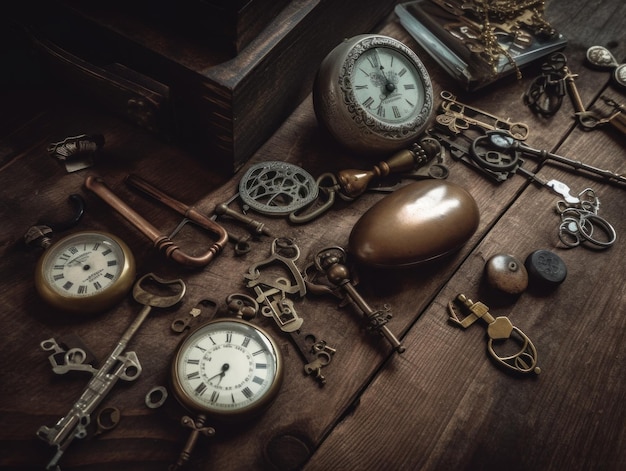 Una collezione di chiavi e orologi antichi su un tavolo Immagine generativa AI