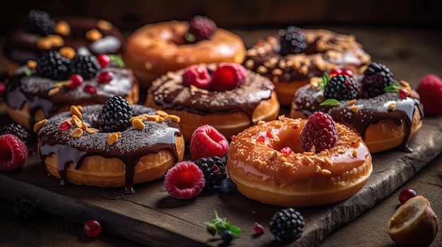 Una collezione di ciambelle con condimenti di frutta su un piatto di legno con uno sfondo sfocato