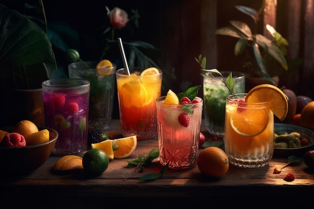 Una collezione di cocktail colorati su un tavolo con un fiore sullo sfondo.