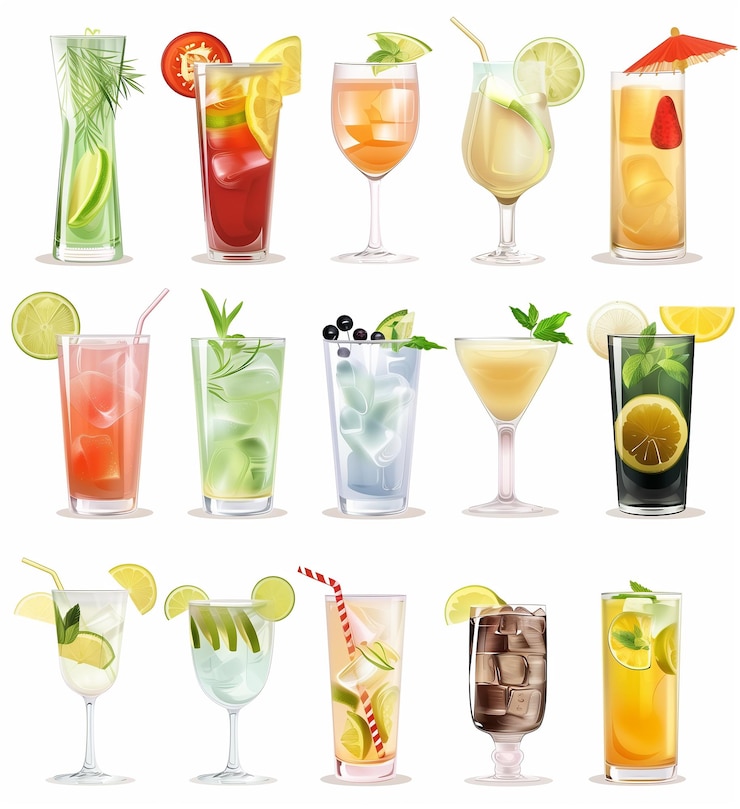 una collezione di cocktail, comprese le bevande a base di frutta