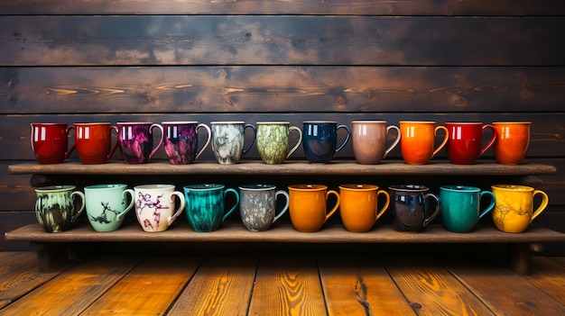 Una collezione di colorate coppe in ceramica su un tavolo in legno vintage Generative Ai