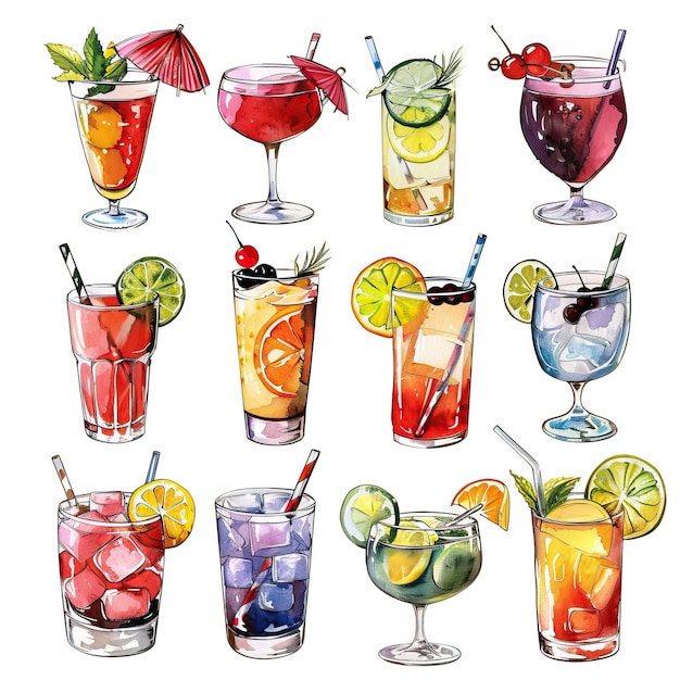 Una collezione di colorate illustrazioni di cocktail disegnate a mano