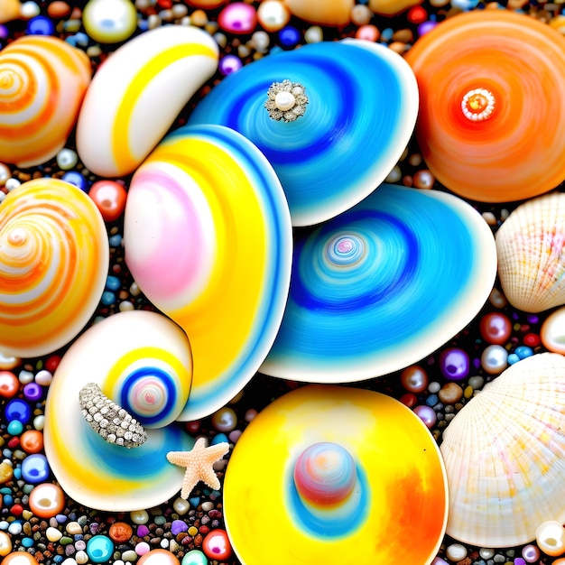 Una collezione di conchiglie colorate e una stella marina sono ovunque sulla spiaggia.