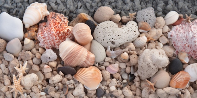 Una collezione di conchiglie e rocce su una spiaggia