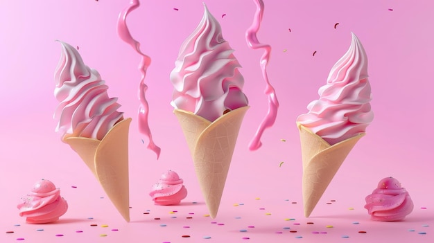 Una collezione di coni di yogurt congelato in stile oggetti volanti isolati in stile Memphis in stile rendering generato dall'AI