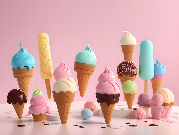 una collezione di coni gelato con uno sfondo rosa.