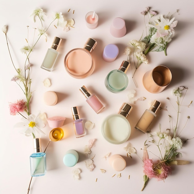 Una collezione di cosmetici tra cui una bottiglia di profumo e fiori di campo