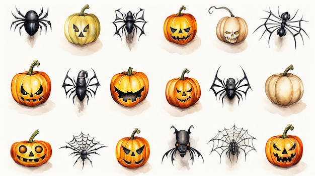 Una collezione di decorazioni di Halloween tra cui zucche, pipistrelli e ragnatele