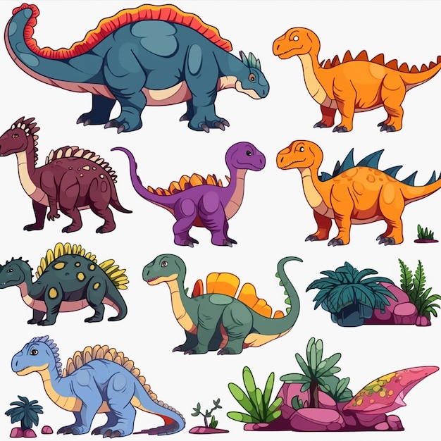 Una collezione di dinosauri dei cartoni animati con colori diversi.