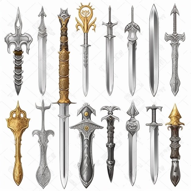 Una collezione di diverse spade con la parola spada sul davanti.