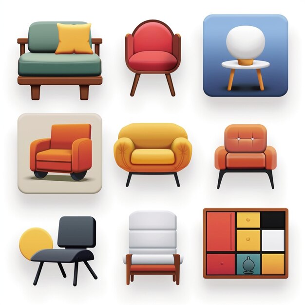 una collezione di diversi mobili colorati tra cui una poltrona da divano TV e una televisione