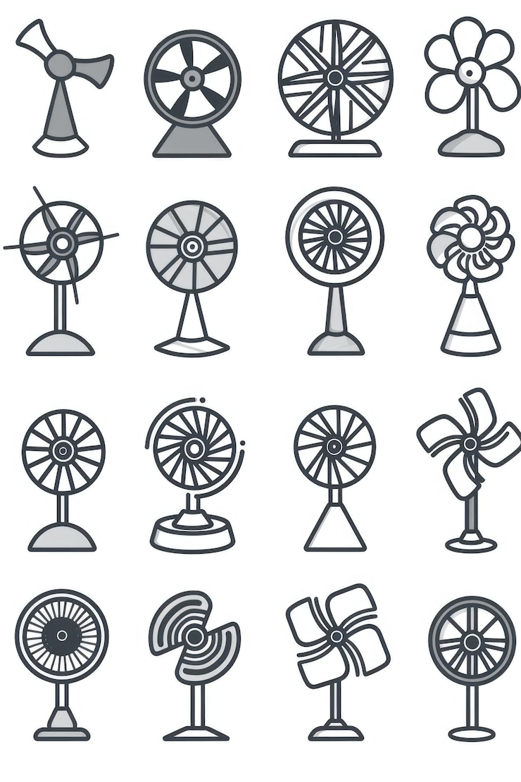 Foto una collezione di diversi tipi di ventilatori, compresi ventilatori a soffitto, ventilatori a scatola e ventilatori portatili