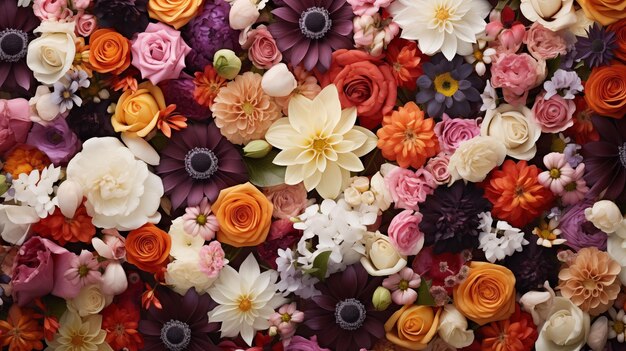 Una collezione di fiori adorna una parete aggiungendo colore e bellezza allo spazio circostante AI generativa