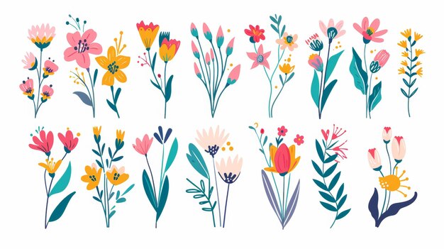 Una collezione di fiori foglie e bouquet Fiori moderni Stampa d'arte primaverile con elementi botanici Felice Pasqua Poster per le vacanze primaverili Icone isolate su bianco