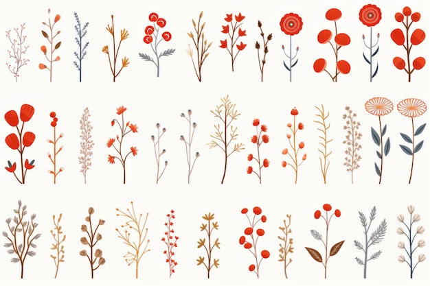 una collezione di fiori rossi e bianchi su uno sfondo bianco