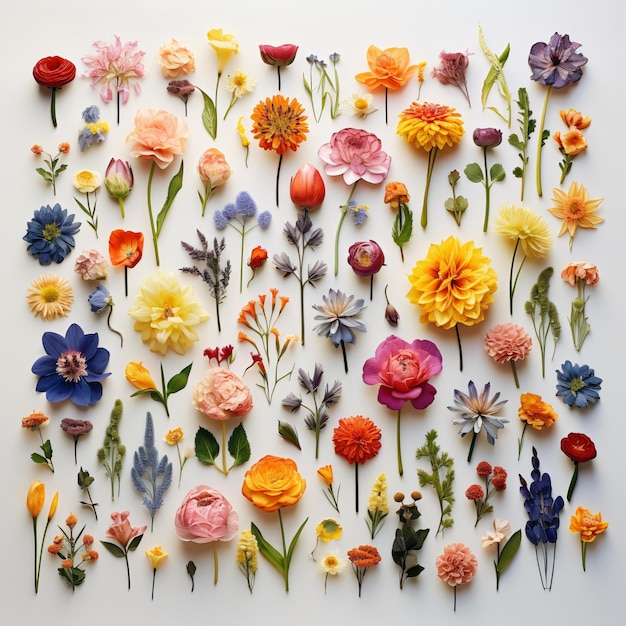 Una collezione di fiori su uno sfondo bianco