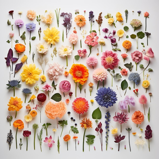 Una collezione di fiori su uno sfondo bianco