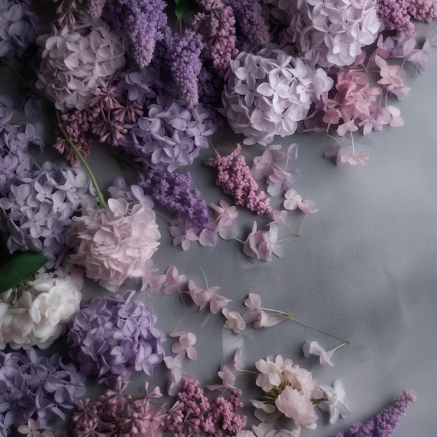 Una collezione di fiori viola su sfondo grigio