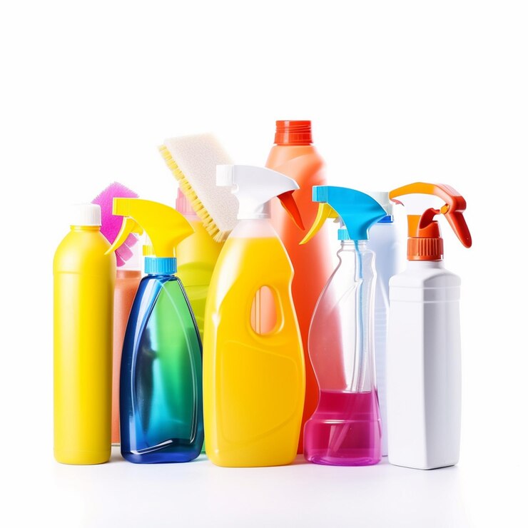 Una collezione di flaconi di diversi colori tra cui uno con scritto "più pulito".