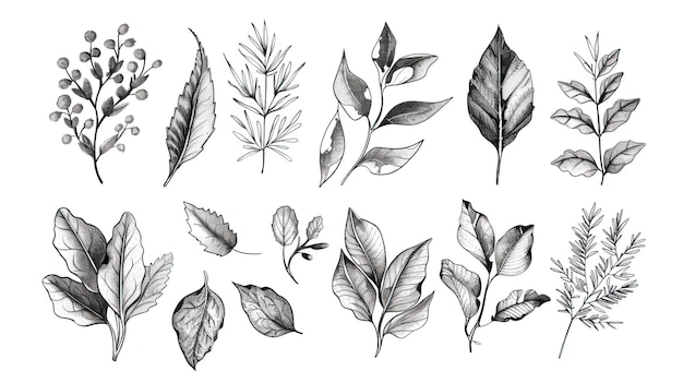 Una collezione di foglie e piante disegnate a mano