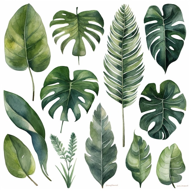 Una collezione di foglie tropicali su uno sfondo bianco.