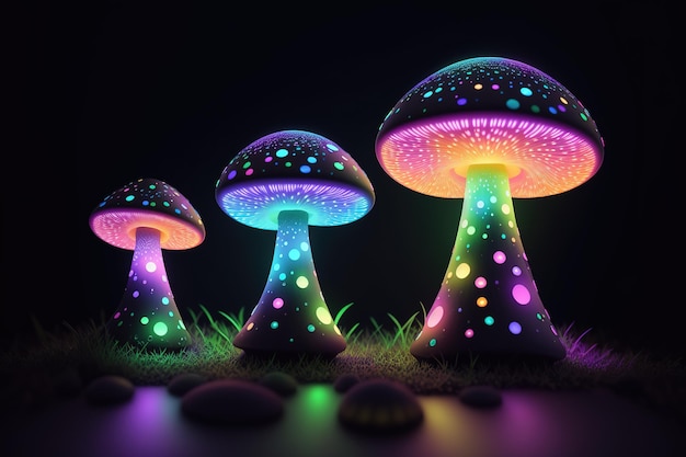 Una collezione di funghi che si illuminano di colori al neon.