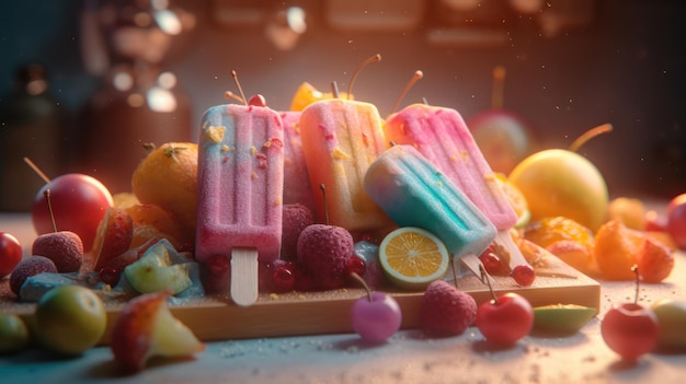 Una collezione di gelati colorati su una tavola di legno con sopra alcuni frutti.