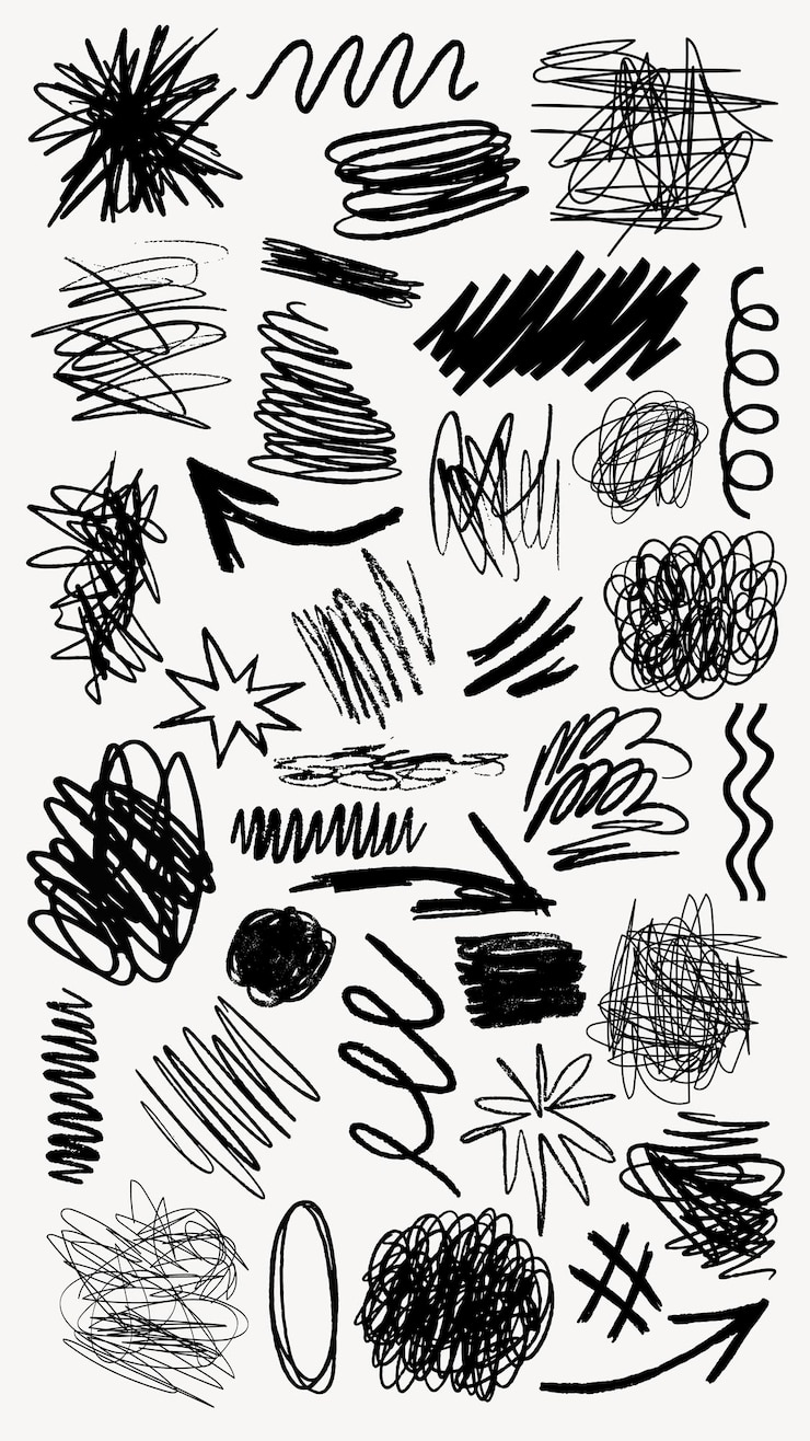 Foto una collezione di illustrazioni artistiche scarabocchiate con inchiostro nero set di scarabocchetti inchiostri neri in varie illustrazioni di design illustrazione di carabocchiati con inchiosetto nero collezione di carabacchiati con linee d'arte illustrazione
