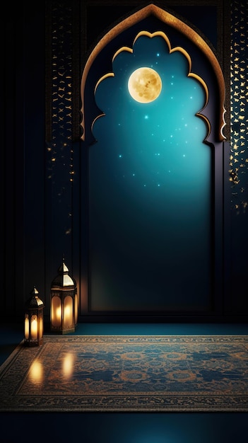 Una collezione di lanterne per Ramadan Kareem su sfondo blu