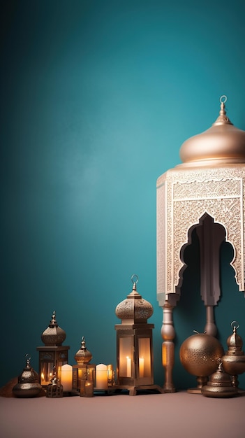 Una collezione di lanterne per Ramadan Kareem su sfondo blu