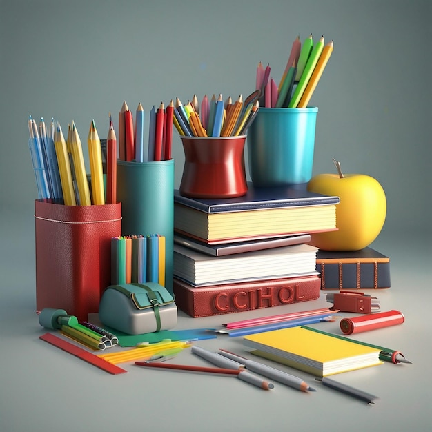 Una collezione di materiale scolastico tra cui un orologio matita matita matita e matita
