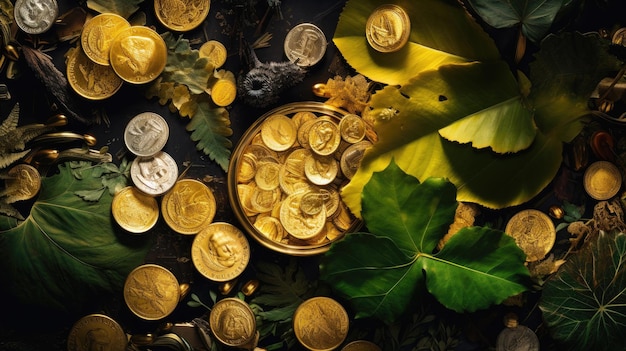 Una collezione di monete d'oro e foglie su un tavolo