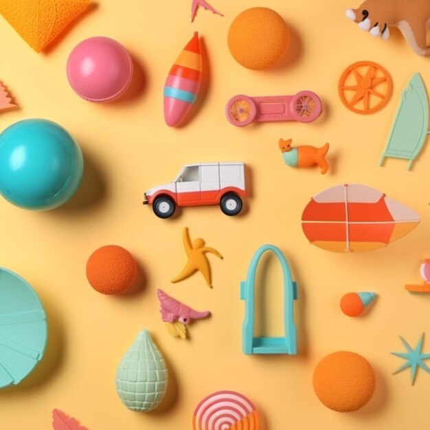 Una collezione di oggetti colorati tra cui un'auto, un cane, un cane, un gatto, un cane e una palla.