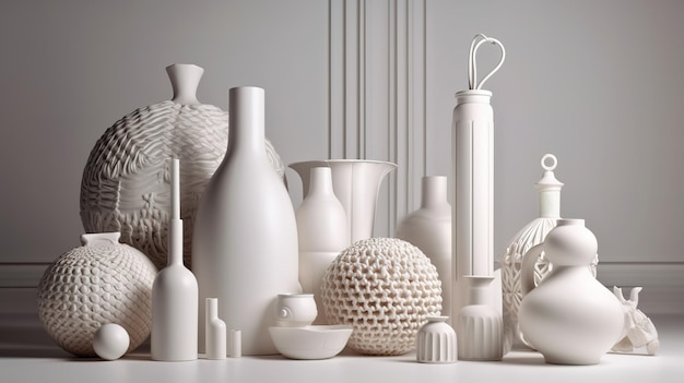 Una collezione di oggetti in ceramica bianca tra cui uno con la scritta 'bianco'