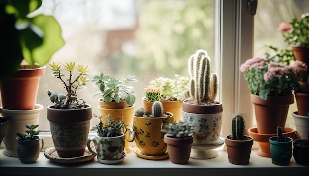 Una collezione di piante in vaso su un davanzale