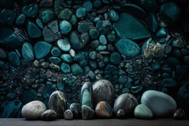 Una collezione di pietre in una stanza buia con uno sfondo blu.