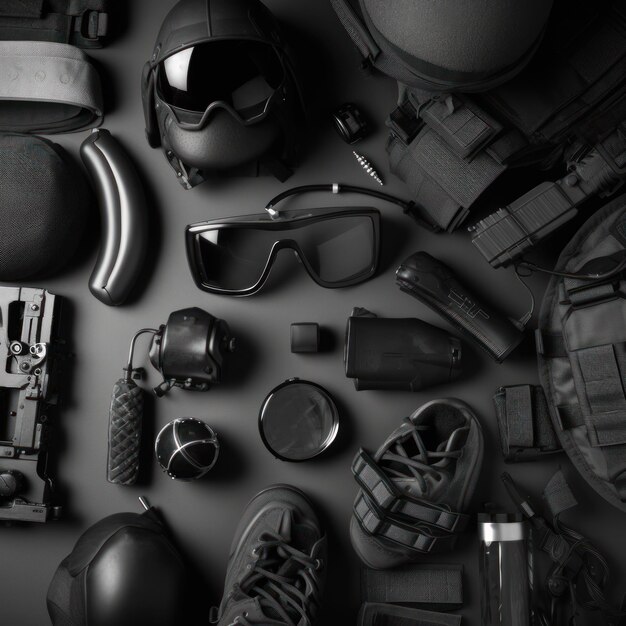 Una collezione di pistole nere, occhiali da sole e occhiali da sole sono su un tavolo.
