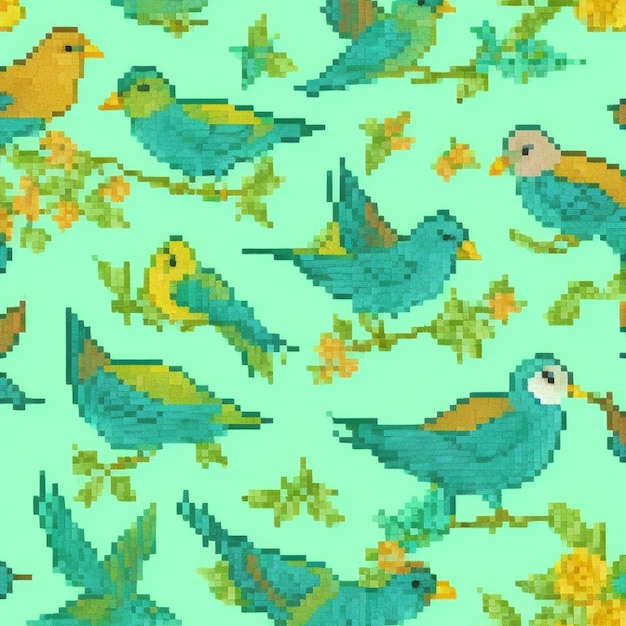 Una collezione di pixel art con disegni senza cuciture di uccelli e alberi