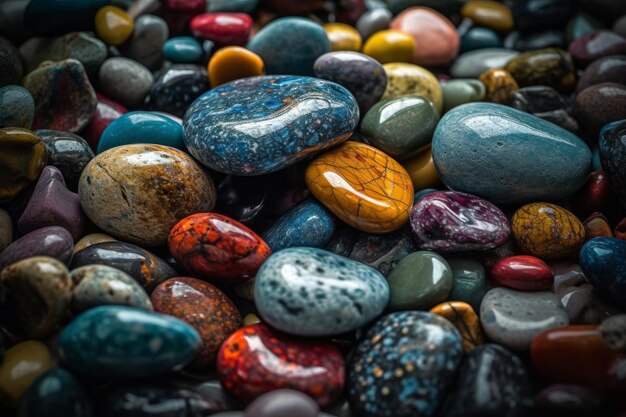 Una collezione di rocce colorate su una spiaggia