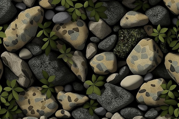 Una collezione di rocce con foglie verdi e piante su di esse.