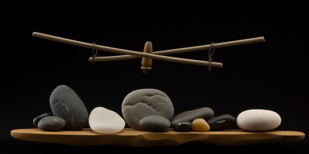 Una collezione di rocce e una barra con uno sfondo nero