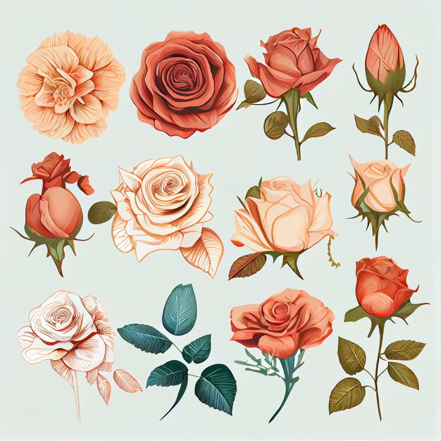 Una collezione di rose con colori diversi.