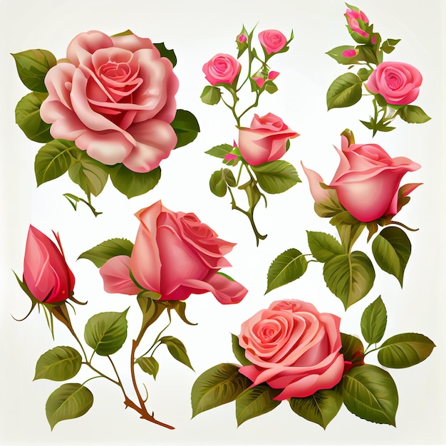 Una collezione di rose rosa con foglie verdi e rose rosa.