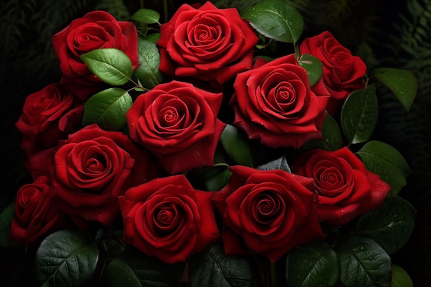 Una collezione di rose rosse con foglie verdi e rose rosse